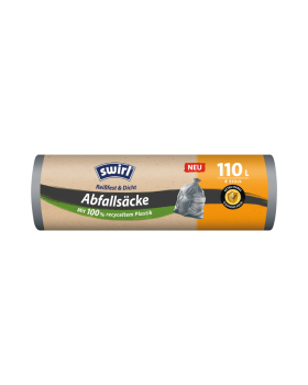 Swirl Abfallsaecke Reissfest und Dicht 110 Liter, extra stark, dunkelgrau blickdicht, 71 mal 108 cm, aus 100 Prozent recyceltem Plastik, 8 Stueck